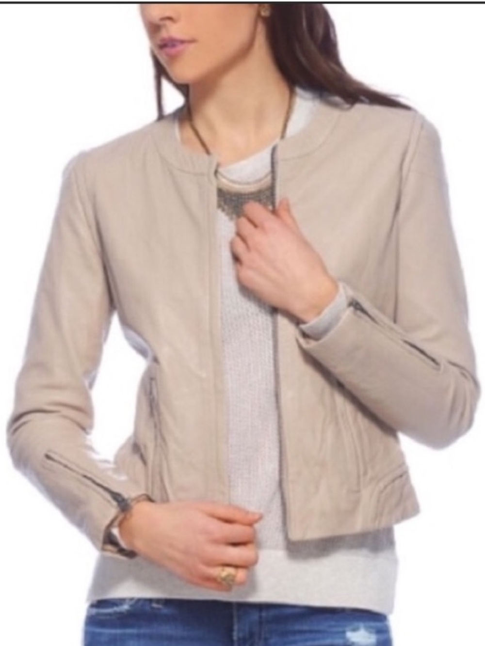 SANCTUARY sM Neutral Lt Beige Zip-Front Leather bomber Jacket-very soft/supple-